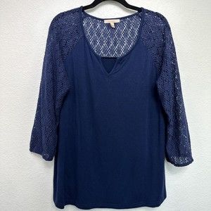 Skies Are Blue Tunic Blouse Women's XL Crochet Lace 3/4 Sleeve Split Neck Navy